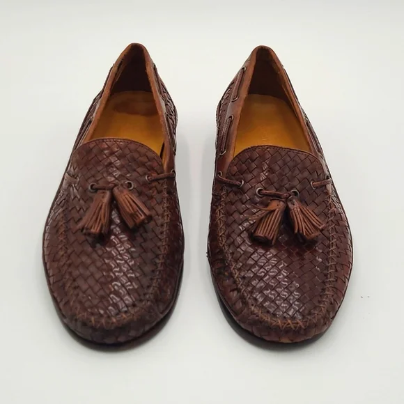 Men's Brown Woven Leather Tassel Loafers