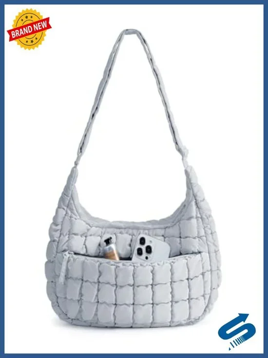 Quilted Crossbody Hobo Bag with Adjustable Strap, Fits iPad