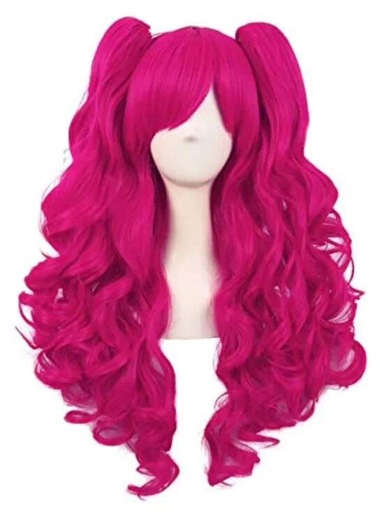28 Inch/70 cm Lolita Long Curly 2 Ponytails Clip on Cosplay‎ Wig (Hot Pink)
