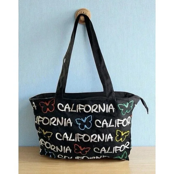 Robin Ruth California Butterfly Canvas Tote Bag Black Zip Shoulder Travel 14