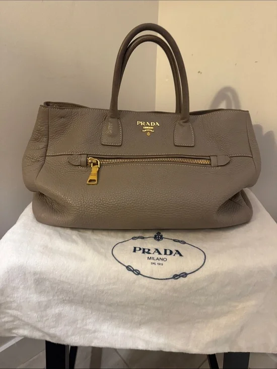 Prada Taupe Pebbled Leather Satchel with Gold Hardware