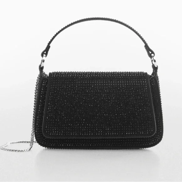 Mango MINI RHINESTONE CHAIN BAG Elegant Black Beaded Handbag