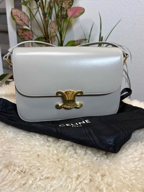 Celine Triomphe Shoulder Bag in Light Cream with Gold Hardware