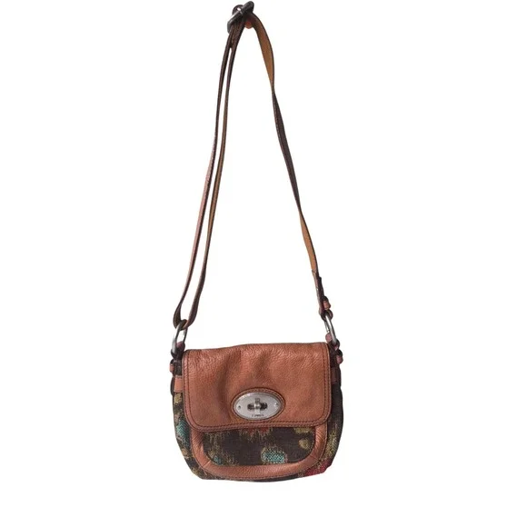 Fossil Brown Leather Floral‎ Tapestry Crossbody Bag Turn Lock Small Boho Purse