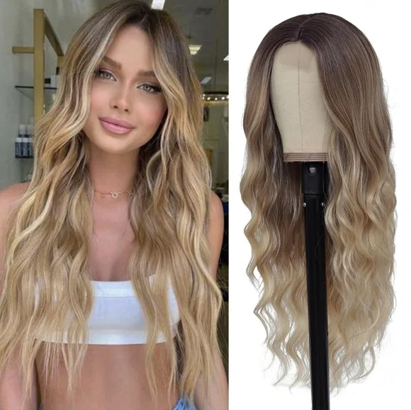 Long Ombre‎ Blonde Wigs for Women 26 inch Long Wavy Middle Part Wig Ombre Blonde