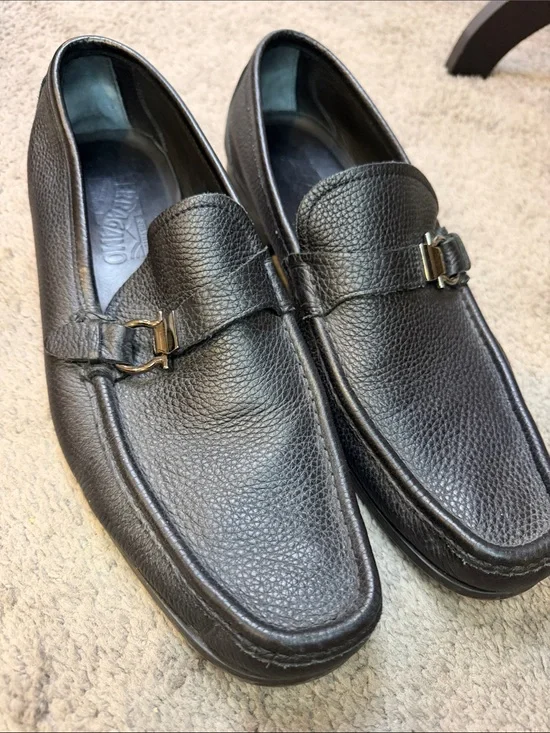 Salvatore Ferragamo Black Pebbled Leather Bit Loafers