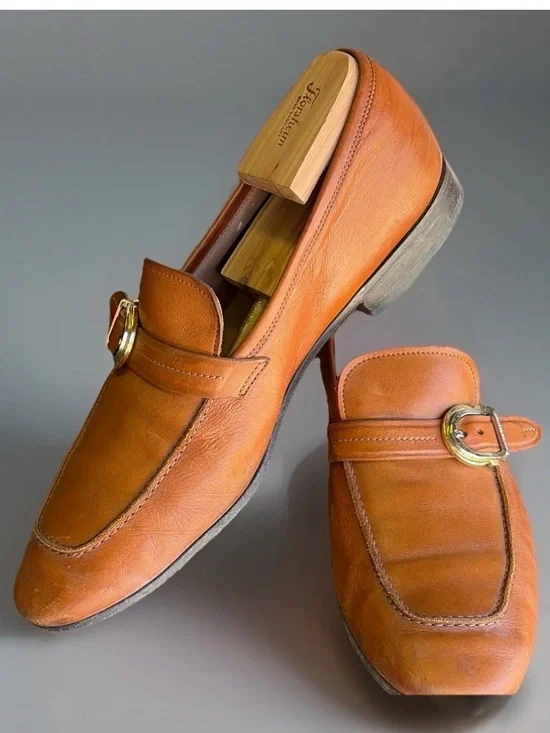 Salvatore Ferragamo Tan Leather Slip-On Loafers with Gold Buckle - Sz 11