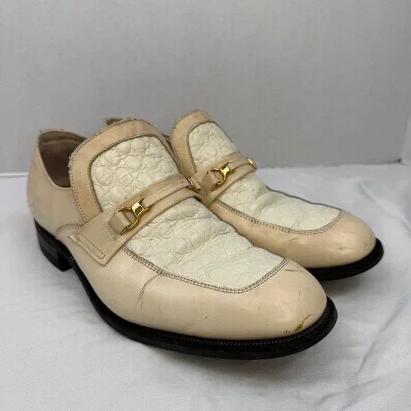 Vintage Mens Two Tone Faux Croc Bit Loafers Cream White 9 D 434 2585 IK8