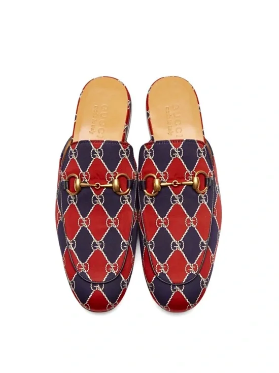 Gucci Princetown Horsebit Print Satin Mules Red Navy