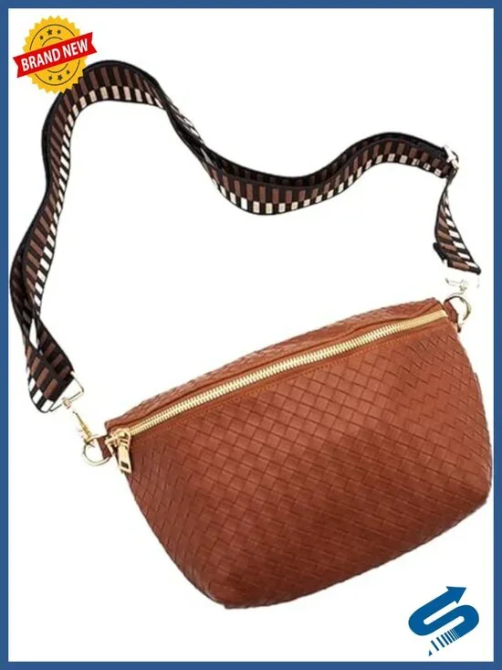 Pressed Woven Vegan Leather Crossbody Bag with Adjustable Strap Lightweight