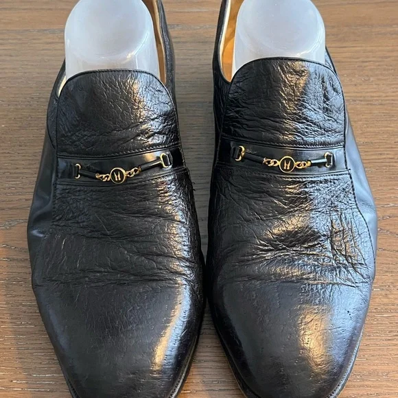 Moreschi Black Leather Slip-On Loafers with Gold Bit Size 10‎