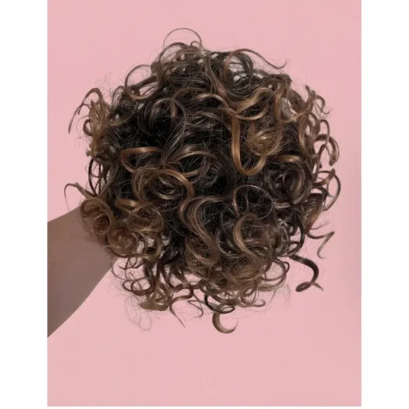 Curly Messy Bun Hair Extension Brown Caramel Highlights Synthetic Hairpiece