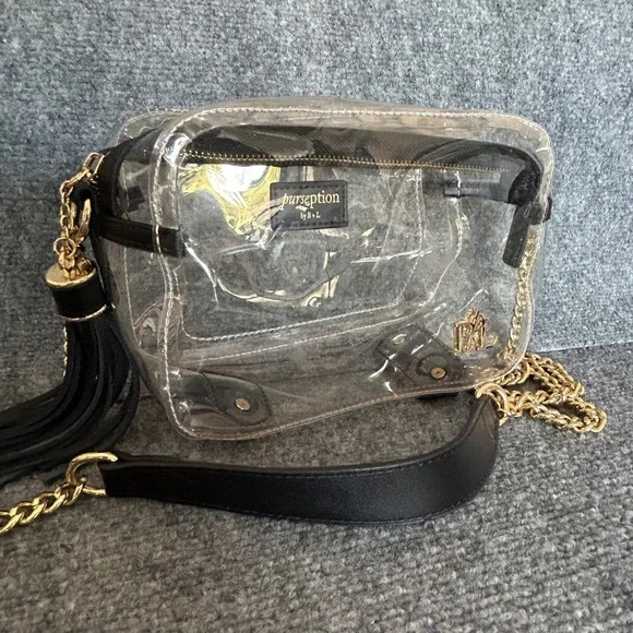 Purseption by B+L Clear Vinyl Crossbody Bag Stadium Approved Gold Chain Tassel