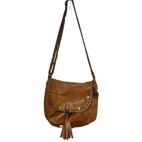 The Sak Cognac Brown Leather Crossbody Bag Studded Flap Tassel Boho Adjustable