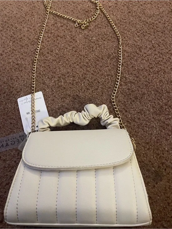 Cream Quilted Crossbody Bag with Gold Chain and Ruched Top Handle