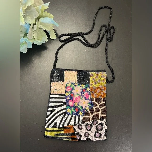 Vintage 90s Y2K Colorful Animal Print Floral Beaded Sequins Cross‎ Body Purse