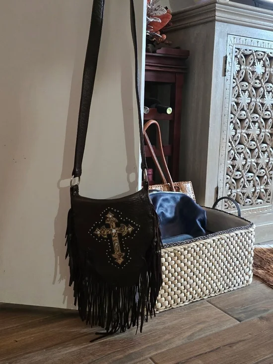 Brown Fringe Cross Leather Shoulder Bag