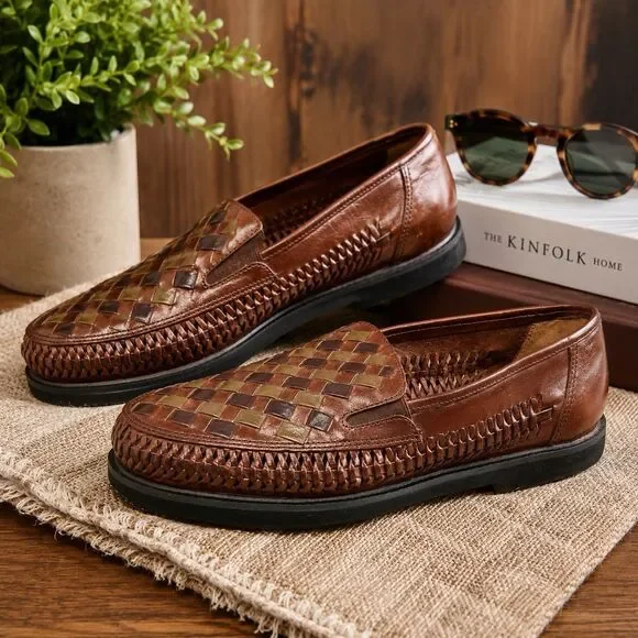 Deer Stags Tijuana Men’s 9.5 3E Extra Wide Woven Leather Huarache Loafers Brown