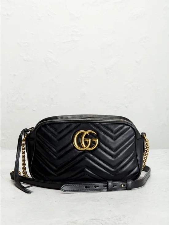 Gucci Black GG Marmont Chevron Camera Crossbody with Gold Hardware