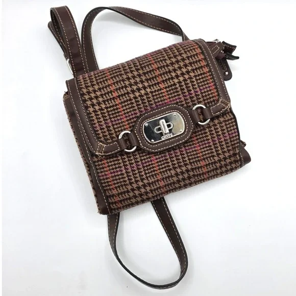 Chaps‎ Vintage Brown Houndstooth Plaid Wool Crossbody Bag Mid 2000s Messenger