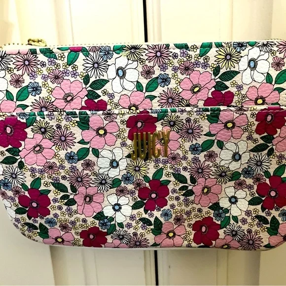 JUICY COUTURE Floral Small Crossbody Bag Gold Zipper White Purse Preppy‎