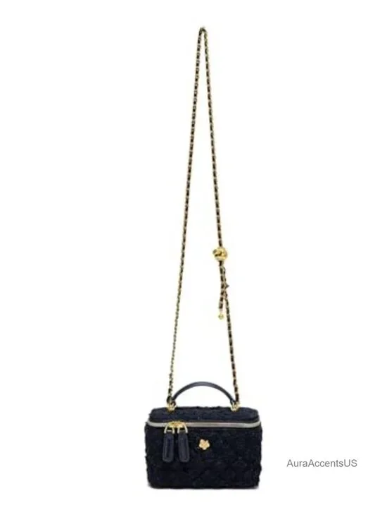 Black Tweed Vanity Crossbody Handbag with Double Zipper