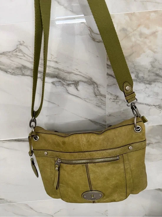 Olive Green Fossil Crossbody Shoulder Bag Zippers  - Women's Slouch Foldover