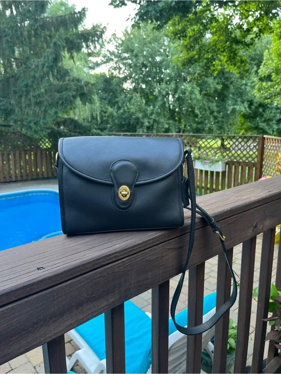 Vintage Coach Black Leather Crossbody with Gold Turn-Lock