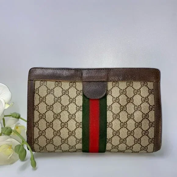 💎Gorgeous💎 Authentic GUCCI Web Sherry Line GG Logo Canvas/Leather Clut…