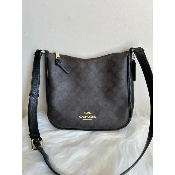Coach File Brown Black Signature Canvas Leather Crossbody Bag Excellent‎
