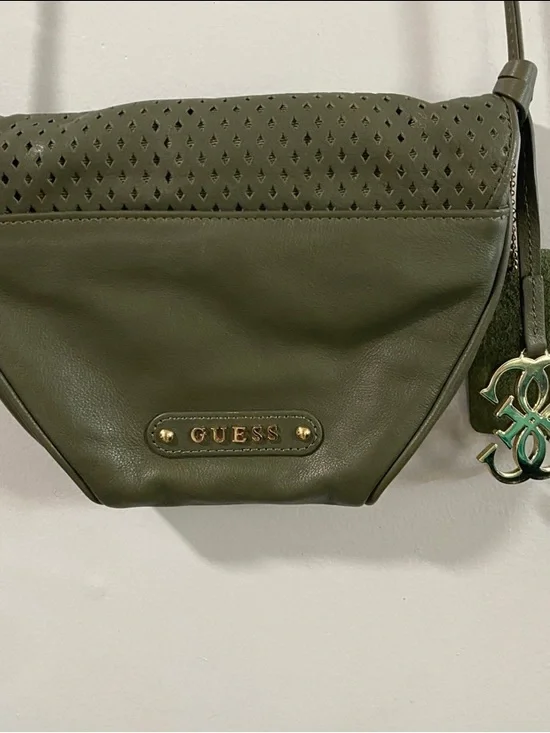 GUESS Olive Green Genuine Leather Laser-Cut Crossbody Bag with‎ Gold Hardwear