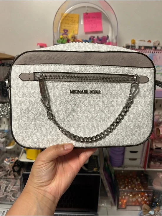 Michael Kors White and Taupe Logo Chain Handle Crossbody