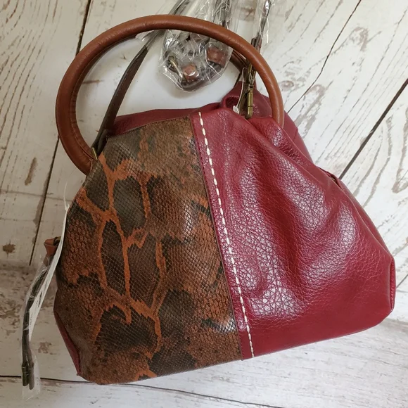 Time and Tru recycled materials Fiona crossbody bag red, brown reptile print