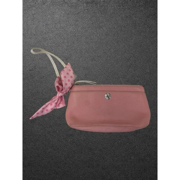 Authentic Coach Pink Leather Corner Zip Wristlet Clutch Bag Polka Dot Scarf