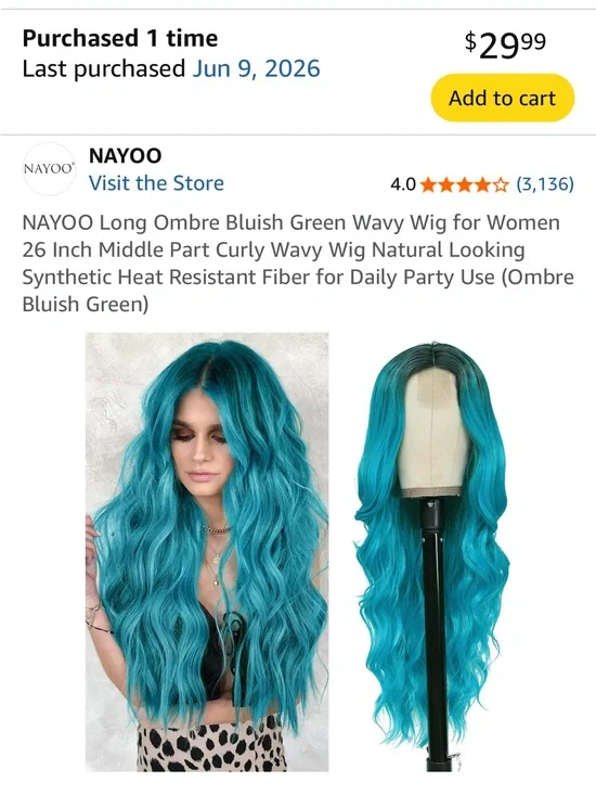 Amazon Long Bluish Green Wavy Wig - Middle Part