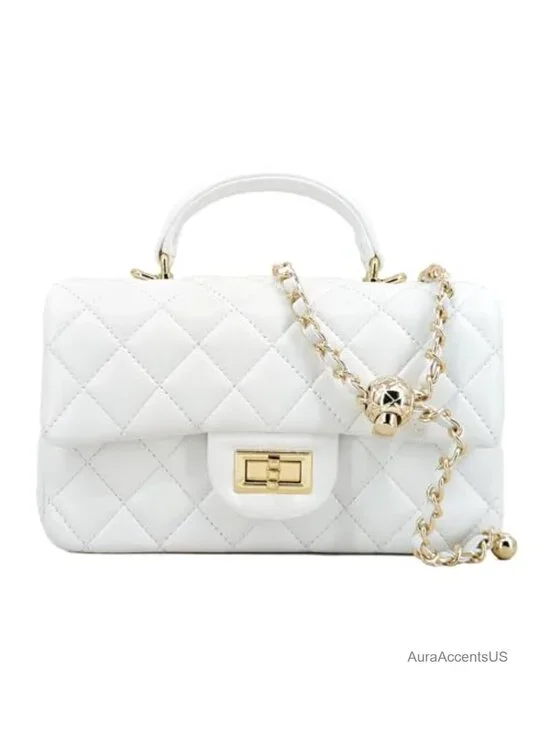 Genuine Leather Quilted Crossbody Bag with Gold Chain Strap