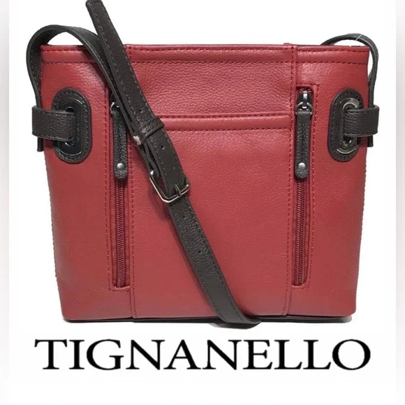 Tignanello Perfect Pockets Leather Crossbody Bag in a rouge and brown  NWOT