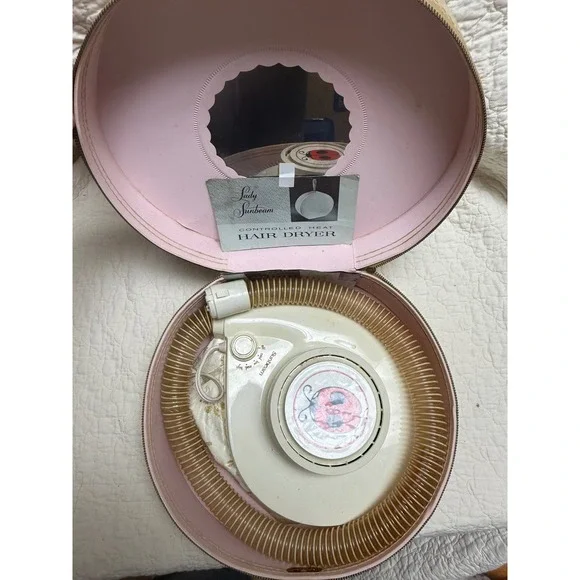 Vintage antique Lady Sunbeam Heat Hair Dryer Ladybug Portable Case Bonnet 60s