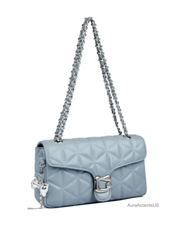 Quilted Vegan Leather Crossbody Bag with Chain Strap and Pendant Charm