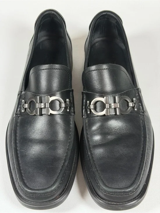 Salvatore Ferragamo Black Leather Loafers with Silver Bit
