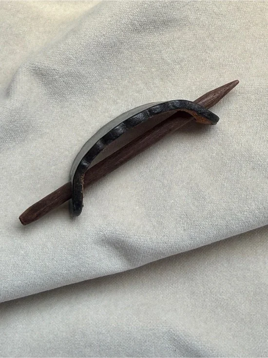 Handcrafted Dark Teal Leather Hair Slide with Wooden Pin