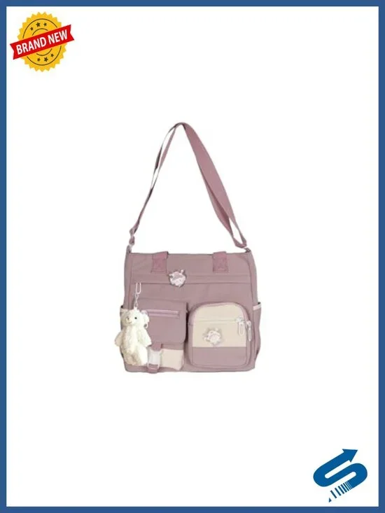 Nylon Crossbody Bag with Bear Charm Messenger Satchel Lightweight Travel