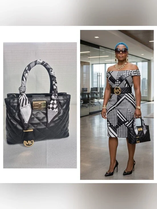 Michael Kors Black Quilted Top-Handle Bag with Printed Scarf