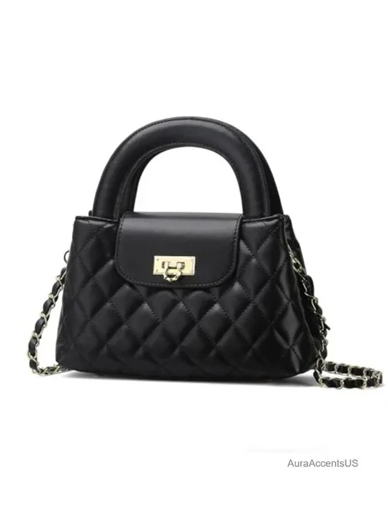 Faux Leather Quilted Crossbody Bag with Chain Strap, Mini Satchel