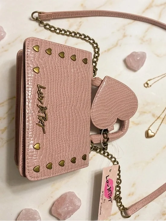 Luv by Betsey Johnson Light Pink Heart Crossbody Bag with Gold Heart Studs