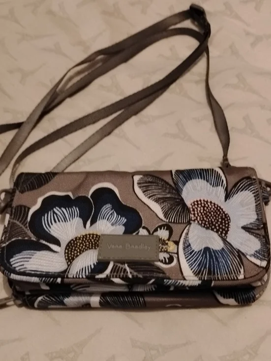 Vera Bradley Floral Crossbody Clutch Wallet Taupe White Blue Canvas Adj. Strap