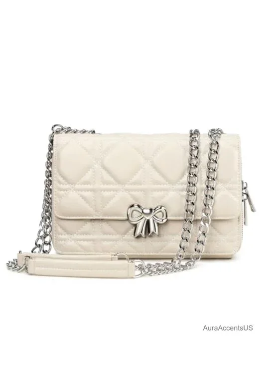 Quilted PU Leather Crossbody Bag with Chain Strap Medium Shoulder Purse