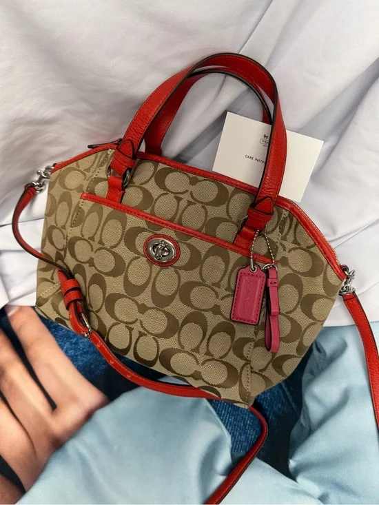 (new+tag) Coach Signature Khaki Crossbody Satchel Leather Trim Size 12 x 7 inch