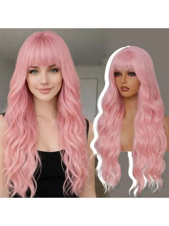 26-Inch Pink Wavy Curly Wig with Bangs | Soft Fiber, Adjustable Cap for Daily