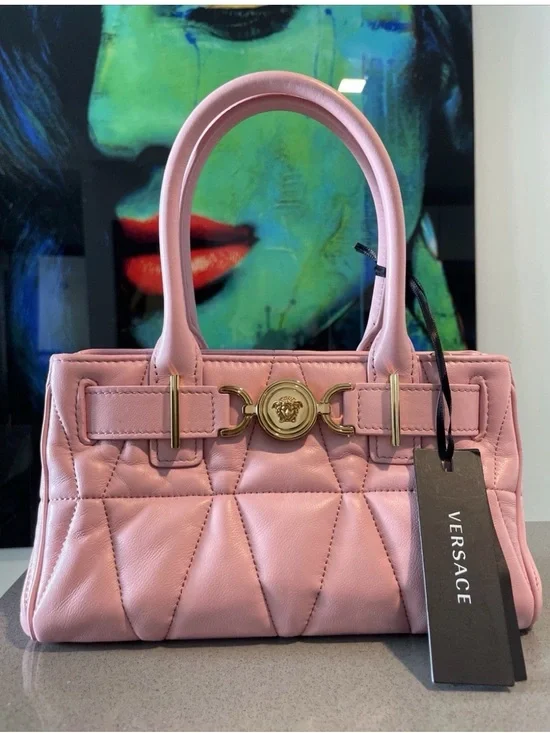 Versace Pink Quilted Leather Satchel with Gold Medusa Hardware